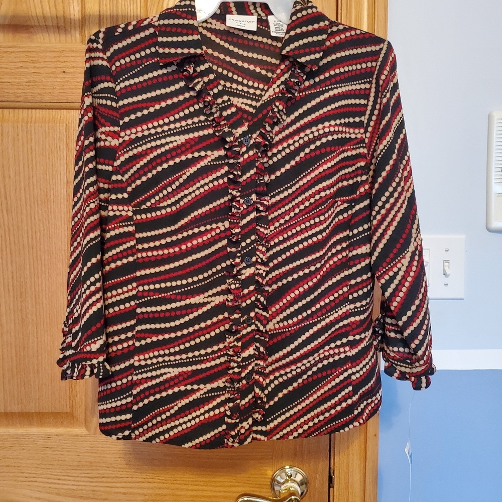 Covington Red Striped Ruffle Blouse Button up